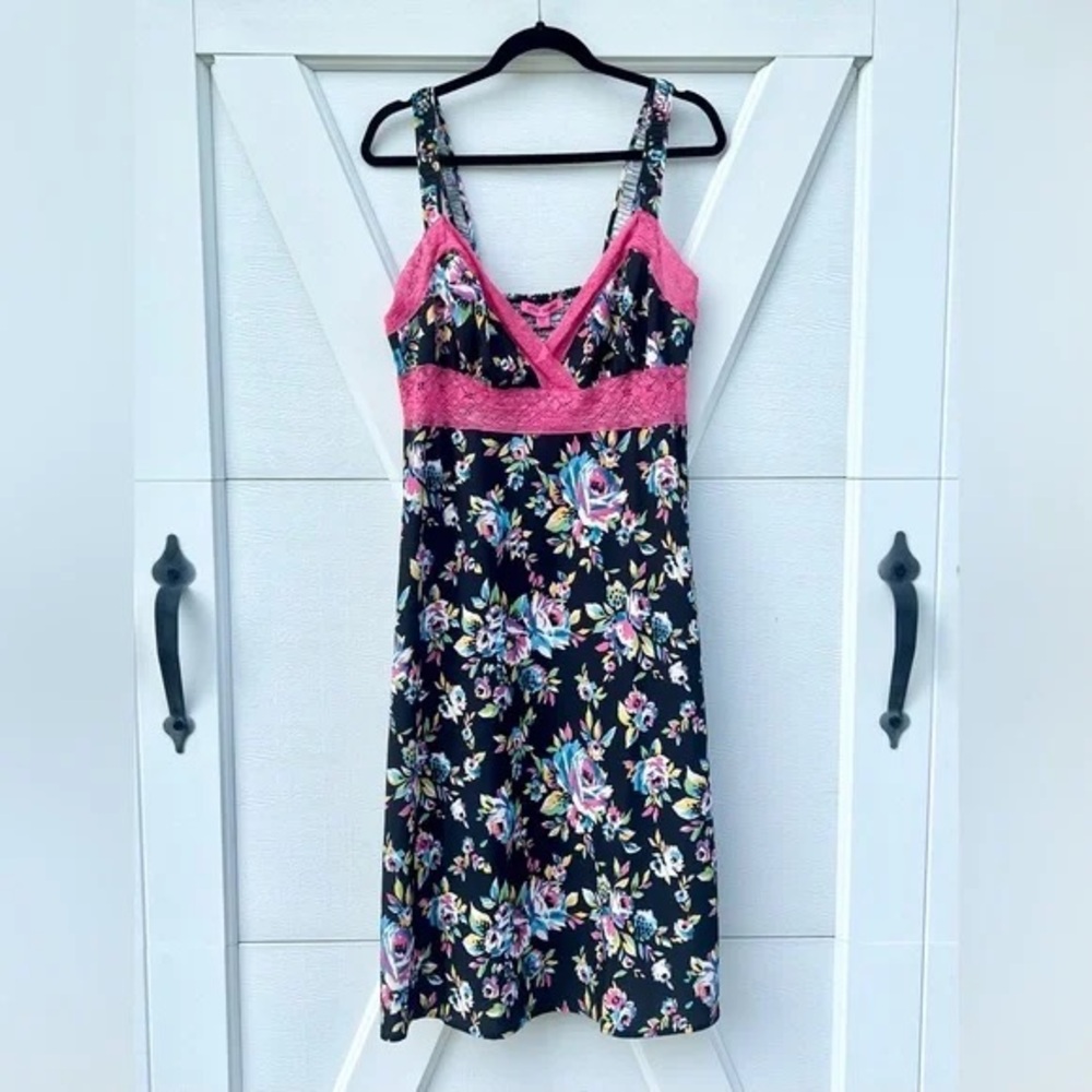 Betsey Johnson Black Floral Dress with Pink Lace